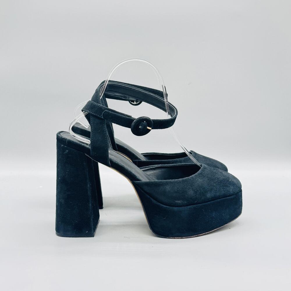 Larroude Shoes Womens 8 Black Suede Mary Jane Platform Block Heel Ankle Strap